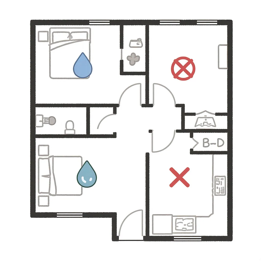 An illustrated floor plan of a home with icons marking recommended and poor locations to place a cat's water fountain or bowl.