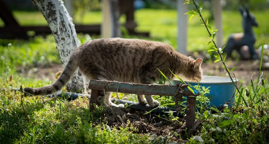 A striped tabby cat lapping water from a light blue plastic bowl on green grass.